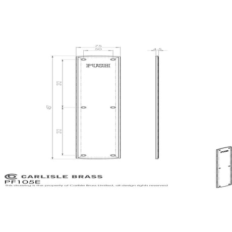 This image is a line drwaing of a Carlisle Brass - Engraved Push Plate 455 x 75mm - Polished Brass available to order from Trade Door Handles in Kendal