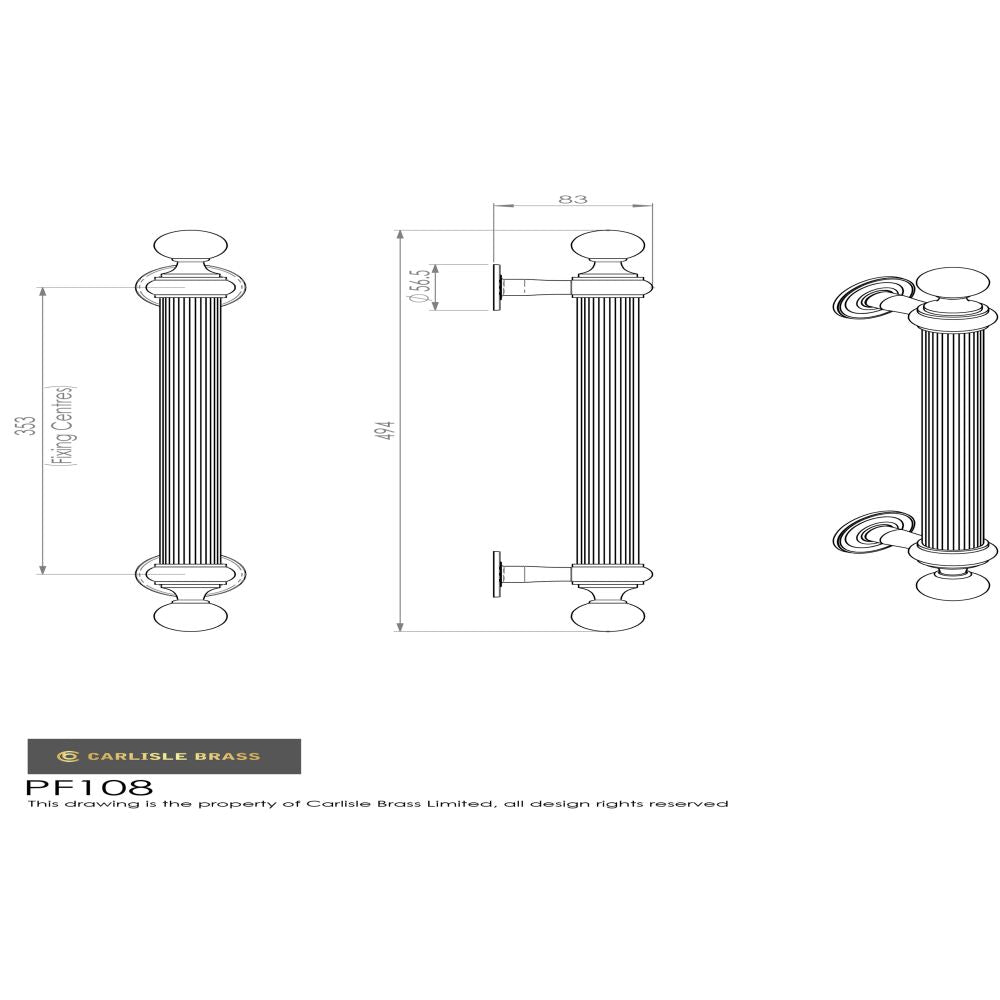 This image is a line drwaing of a Carlisle Brass - Reeded Grip Pull Handle - Polished Brass available to order from Trade Door Handles in Kendal