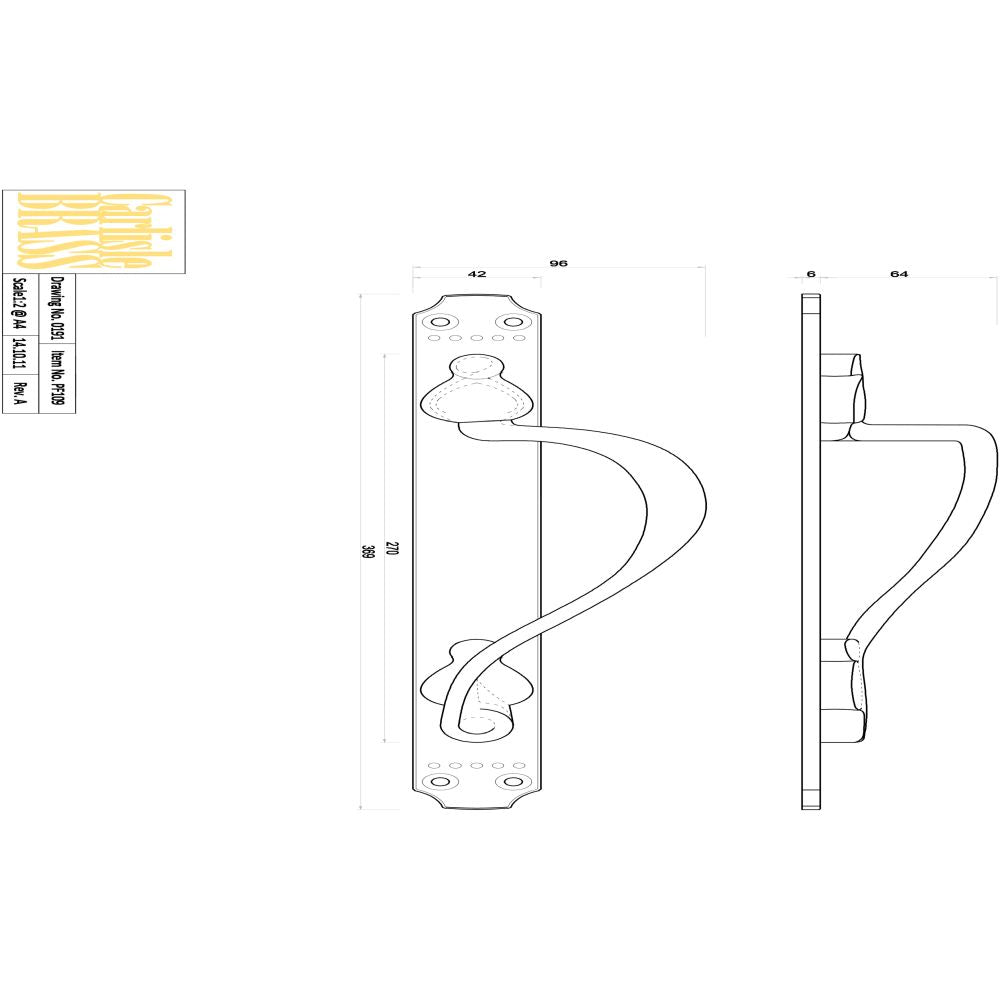 This image is a line drwaing of a Carlisle Brass - Laurin Pull Handle R/H - Polished Brass available to order from Trade Door Handles in Kendal