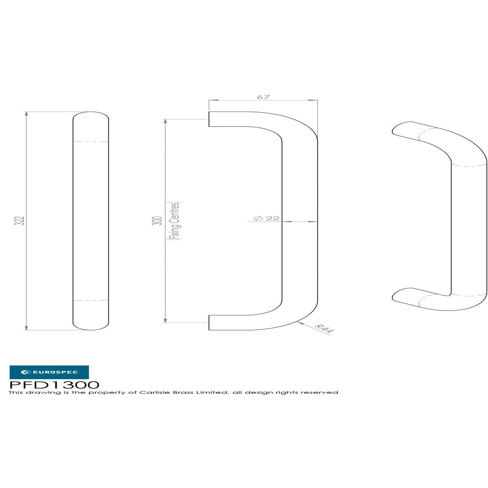 This image is a line drwaing of a Eurospec - 22mm D Pull Handles 300mm Centres - Satin Stainless Steel available to order from Trade Door Handles in Kendal