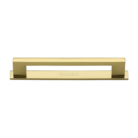 This is an image of a Heritage Brass - Cabinet Pull Metro Design with Plate 160mm CTC Polished Brass Finis, pl0337-160-pb that is available to order from Trade Door Handles in Kendal.