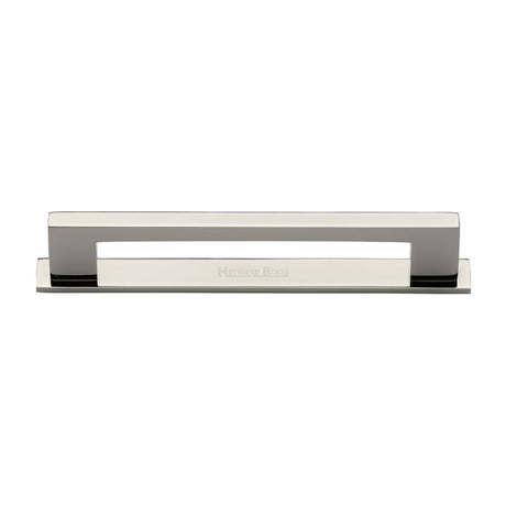 This is an image of a Heritage Brass - Cabinet Pull Metro Design with Plate 160mm CTC Polished Nickel Fini, pl0337-160-pnf that is available to order from Trade Door Handles in Kendal.