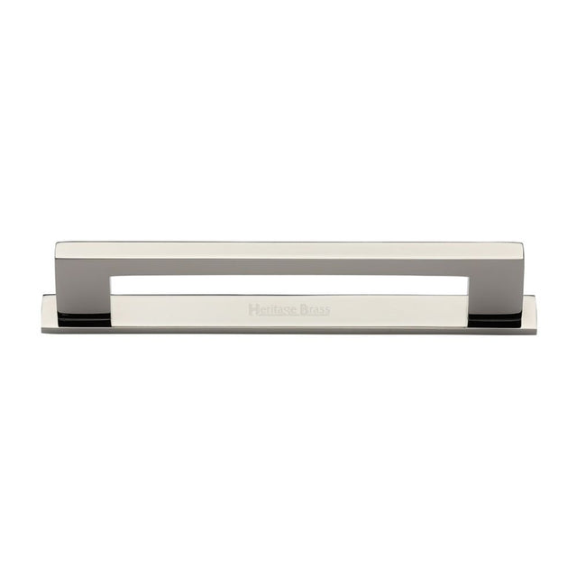 This is an image of a Heritage Brass - Cabinet Pull Metro Design with Plate 160mm CTC Polished Nickel Fini, pl0337-160-pnf that is available to order from Trade Door Handles in Kendal.