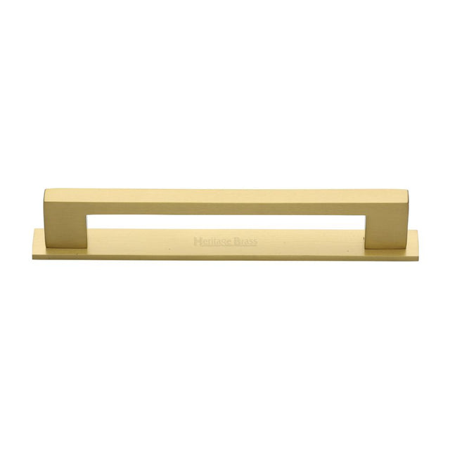 This is an image of a Heritage Brass - Cabinet Pull Metro Design with Plate 160mm CTC Satin Brass Finis, pl0337-160-sb that is available to order from Trade Door Handles in Kendal.