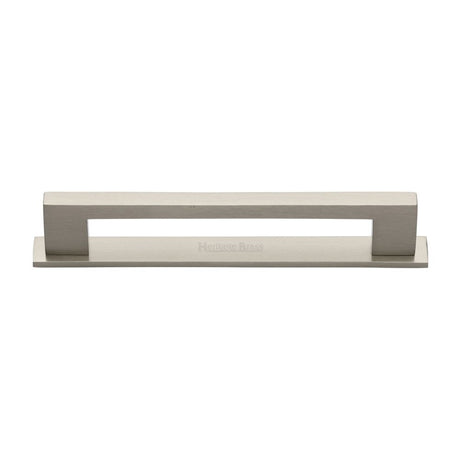 This is an image of a Heritage Brass - Cabinet Pull Metro Design with Plate 160mm CTC Satin Nickel Fini, pl0337-160-sn that is available to order from Trade Door Handles in Kendal.