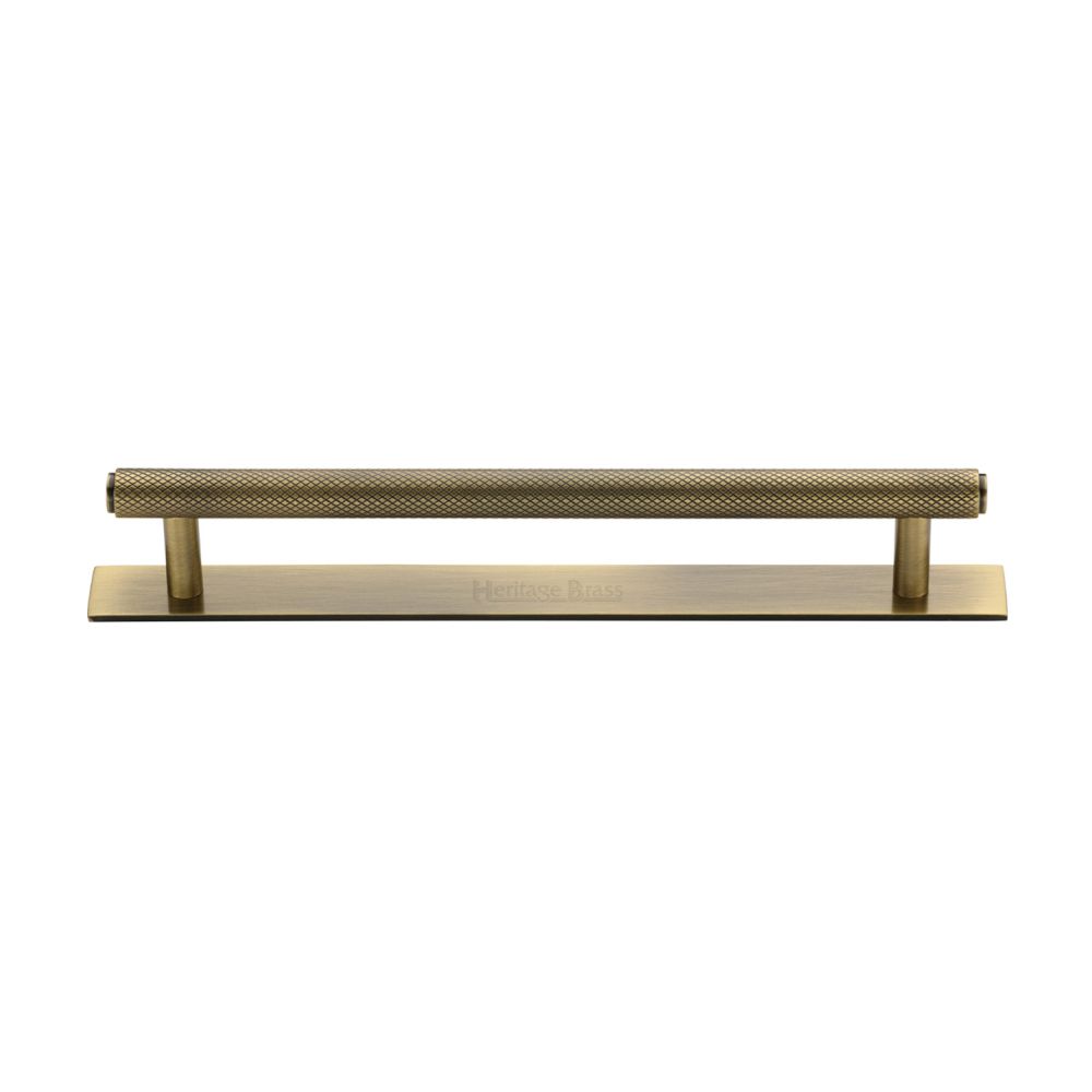 This is an image of a Heritage Brass - Cabinet Pull Knurled Design with Plate 160mm CTC Antique Brass Fin, pl4458-160-at that is available to order from Trade Door Handles in Kendal.