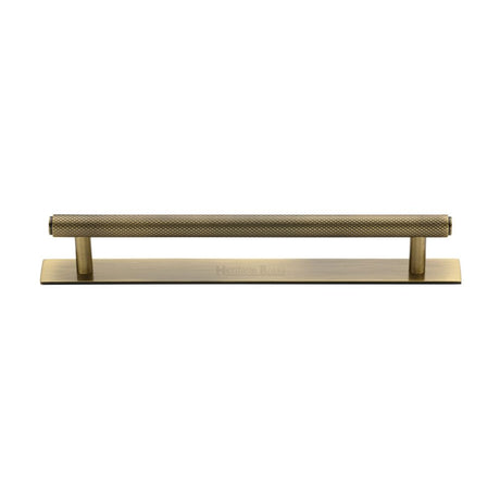 This is an image of a Heritage Brass - Cabinet Pull Knurled Design with Plate 160mm CTC Antique Brass Fin, pl4458-160-at that is available to order from Trade Door Handles in Kendal.