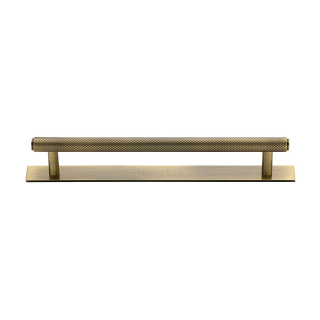 This is an image of a Heritage Brass - Cabinet Pull Knurled Design with Plate 160mm CTC Antique Brass Fin, pl4458-160-at that is available to order from Trade Door Handles in Kendal.