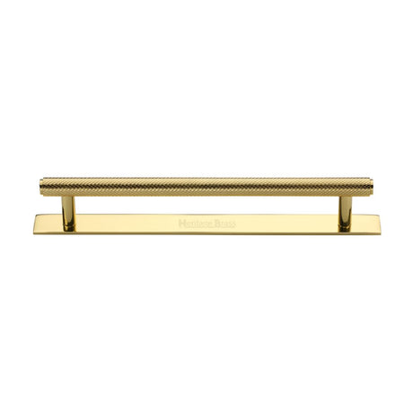 This is a image of a Heritage Brass - Cabinet Pull Knurled Design with Plate 160mm CTC Pol. Brass Fin that is available to order from Trade Door Handles in Kendal
