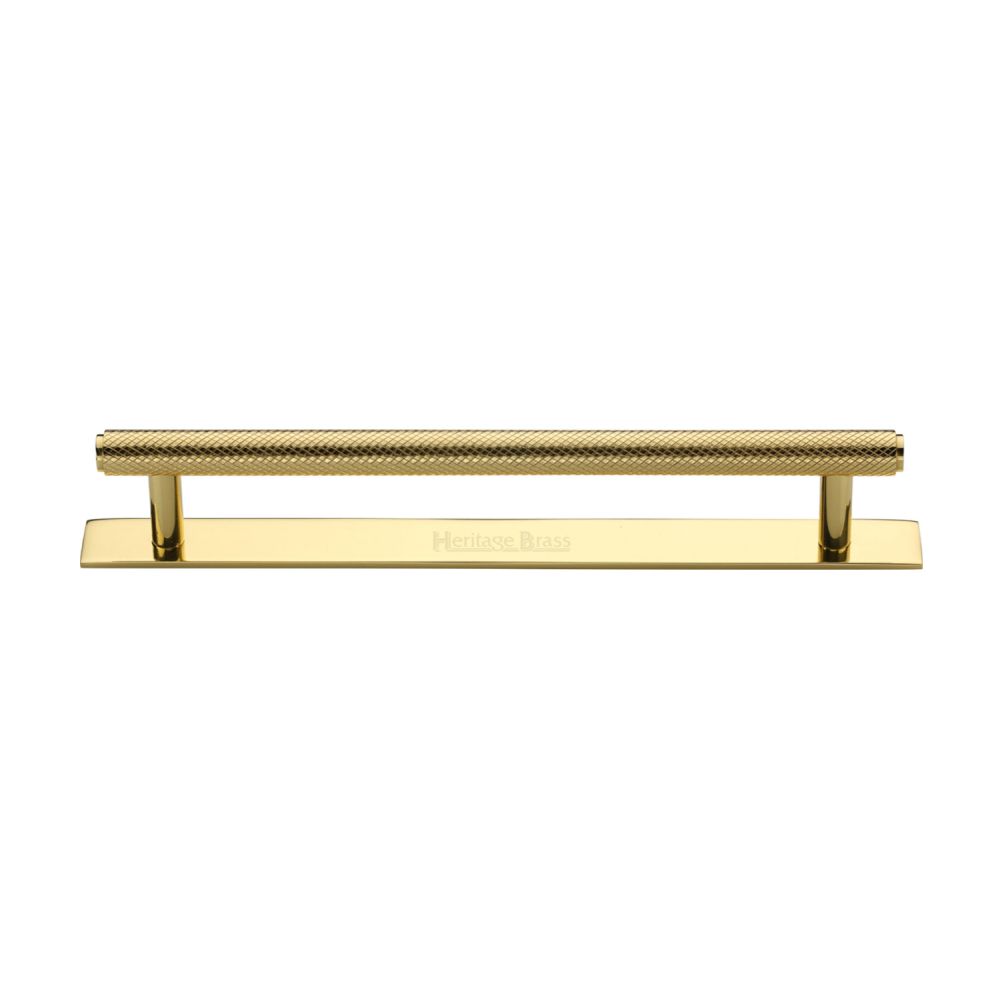 This is an image of a Heritage Brass - Cabinet Pull Knurled Design with Plate 160mm CTC Polished Brass Fin, pl4458-160-pb that is available to order from Trade Door Handles in Kendal.