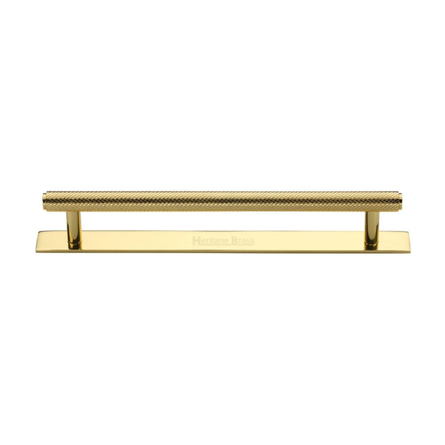 This is an image of a Heritage Brass - Cabinet Pull Knurled Design with Plate 160mm CTC Polished Brass Fin, pl4458-160-pb that is available to order from Trade Door Handles in Kendal.