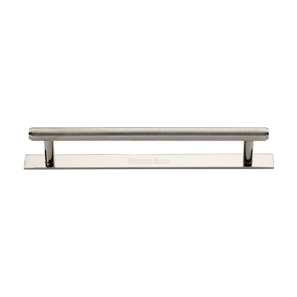 This is an image of a Heritage Brass - Cabinet Pull Knurled Design with Plate 160mm CTC Polished Nickel Fi, pl4458-160-pnf that is available to order from Trade Door Handles in Kendal.