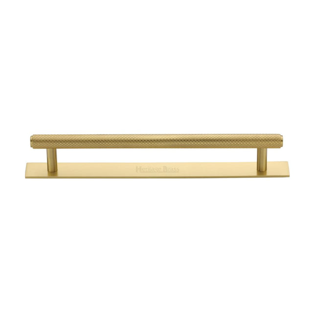 This is an image of a Heritage Brass - Cabinet Pull Knurled Design with Plate 160mm CTC Satin Brass Fin, pl4458-160-sb that is available to order from Trade Door Handles in Kendal.