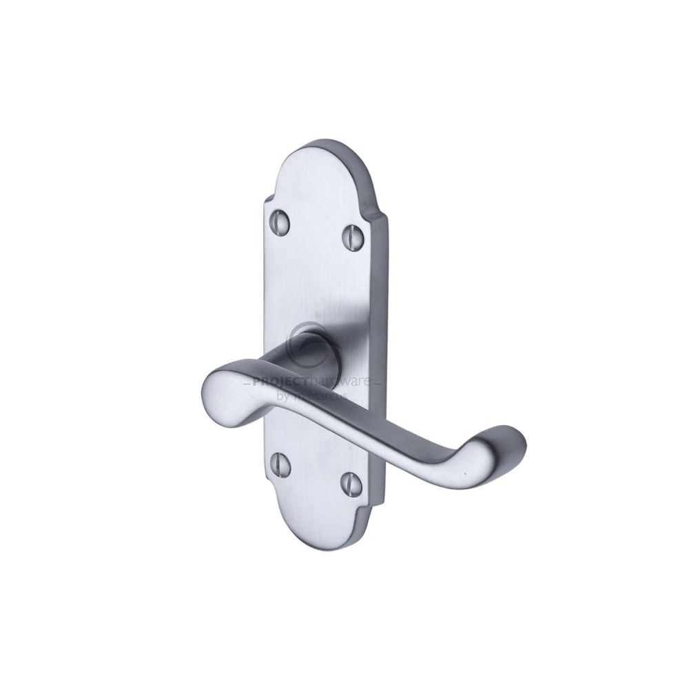 This is an image of a Project Hardware - Door Handle Lever Latch Milton Short Design Satin Chrome Finis, pr505-sc that is available to order from Trade Door Handles in Kendal.