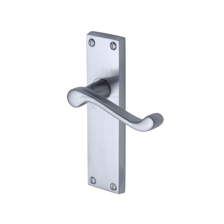 This is an image of a Project Hardware - Door Handle Lever Latch Malvern Design Satin Chrome Finish, pr605-sc that is available to order from Trade Door Handles in Kendal.