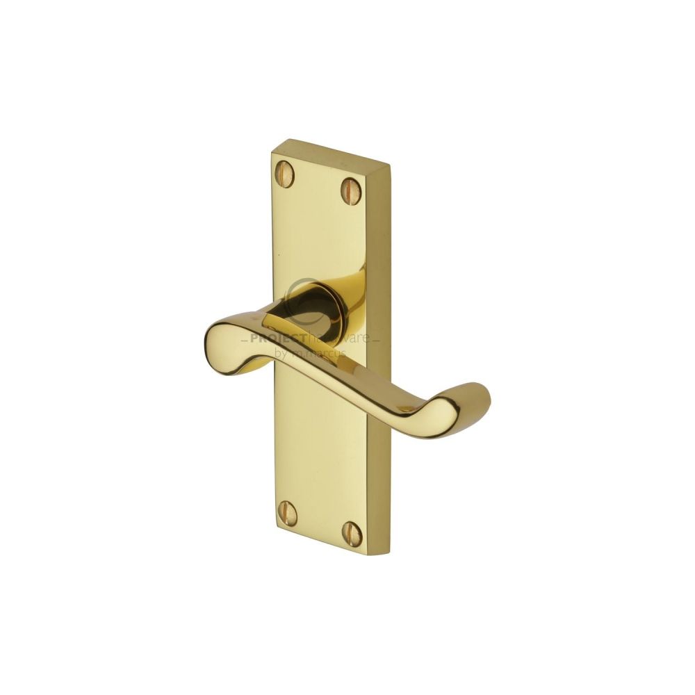 This is an image of a Project Hardware - Door Handle Lever Latch Malvern Short Design Polished Brass Finis, pr610-pb that is available to order from Trade Door Handles in Kendal.