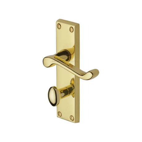 This is an image of a Project Hardware - Door Handle for Bathroom Malvern Design Polished Brass Finish, pr620-pb that is available to order from Trade Door Handles in Kendal.