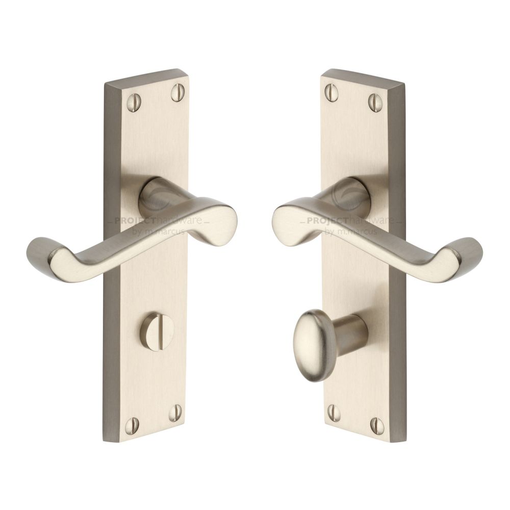 This is an image of a Project Hardware - Door Handle for Bathroom Malvern Design Satin Nickel Finish, pr620-sn that is available to order from Trade Door Handles in Kendal.