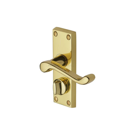 This is an image of a Project Hardware - Door Handle for Privacy Set Malvern Short Design Polished Brass F, pr625-pb that is available to order from Trade Door Handles in Kendal.