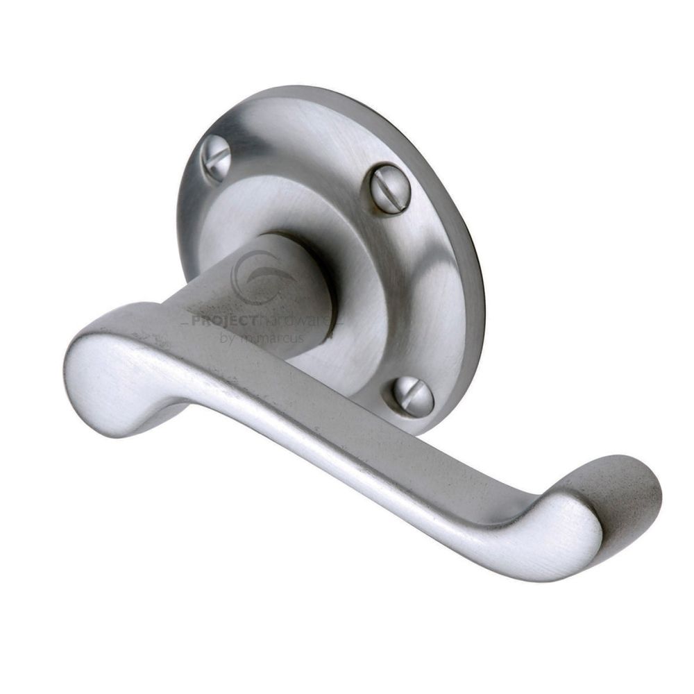 This is an image of a Project Hardware - Door Handle Lever Latch on Round Rose Malvern Design Satin Chr, pr630-sc that is available to order from Trade Door Handles in Kendal.