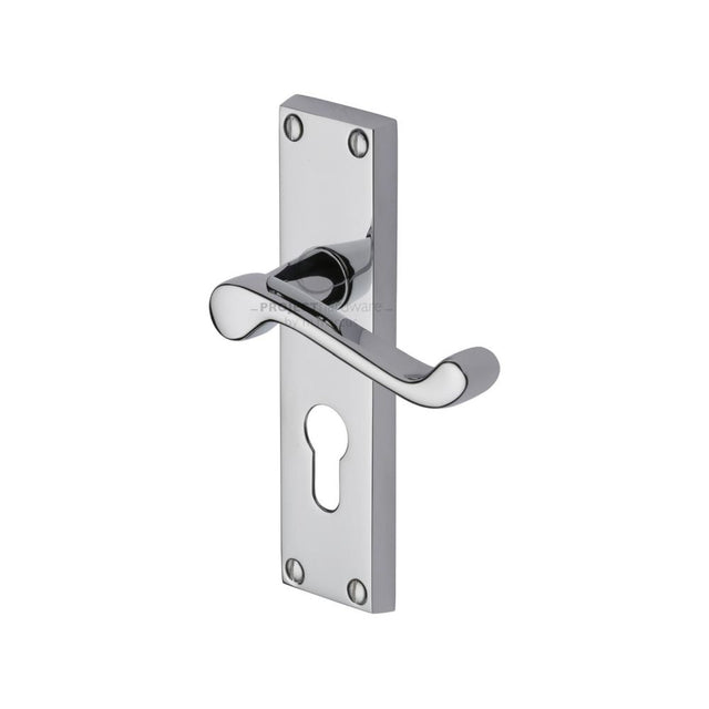 This is an image of a Project Hardware - Door Handle for Euro Profile Plate Malvern Design Polished Chrome, pr648-pc that is available to order from Trade Door Handles in Kendal.