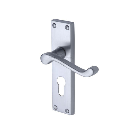 This is an image of a Project Hardware - Door Handle for Euro Profile Plate Malvern Design Satin Chrome, pr648-sc that is available to order from Trade Door Handles in Kendal.