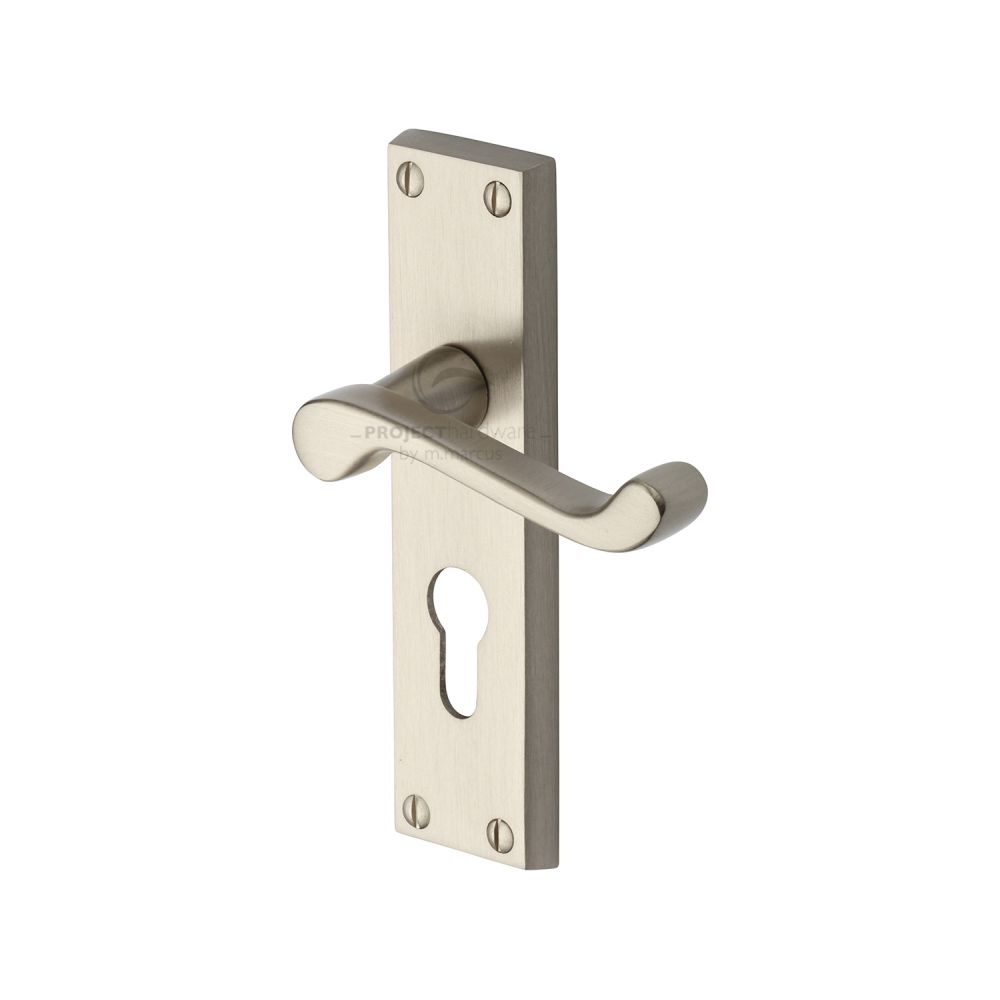 This is an image of a Project Hardware - Door Handle for Euro Profile Plate Malvern Design Satin Nickel, pr648-sn that is available to order from Trade Door Handles in Kendal.