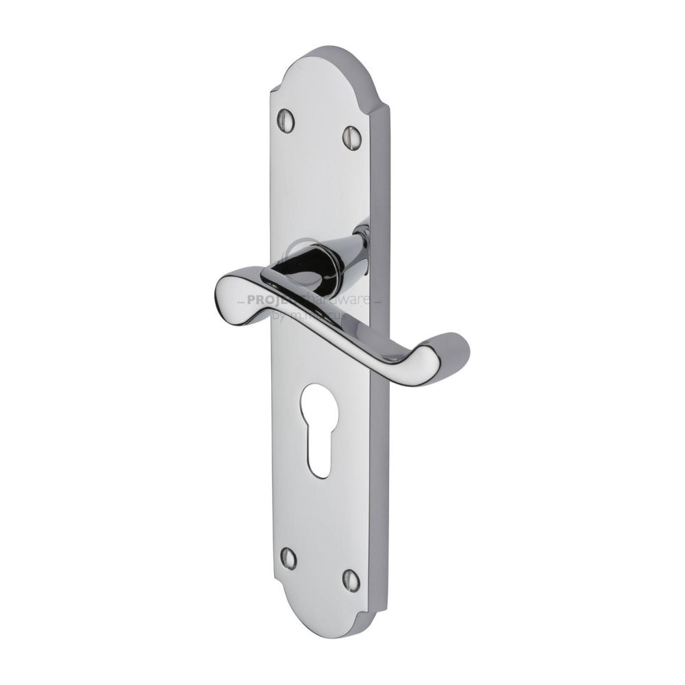 This is an image of a Project Hardware - Door Handle for Euro Profile Plate Kensington Design Polished Chr, pr7048-pc that is available to order from Trade Door Handles in Kendal.