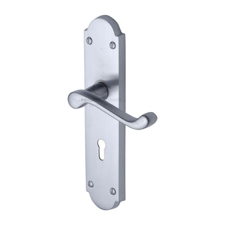 This is an image of a Project Hardware - Door Handle Lever Lock Kensington Design Satin Chrome Finish, pr7082-sc that is available to order from Trade Door Handles in Kendal.