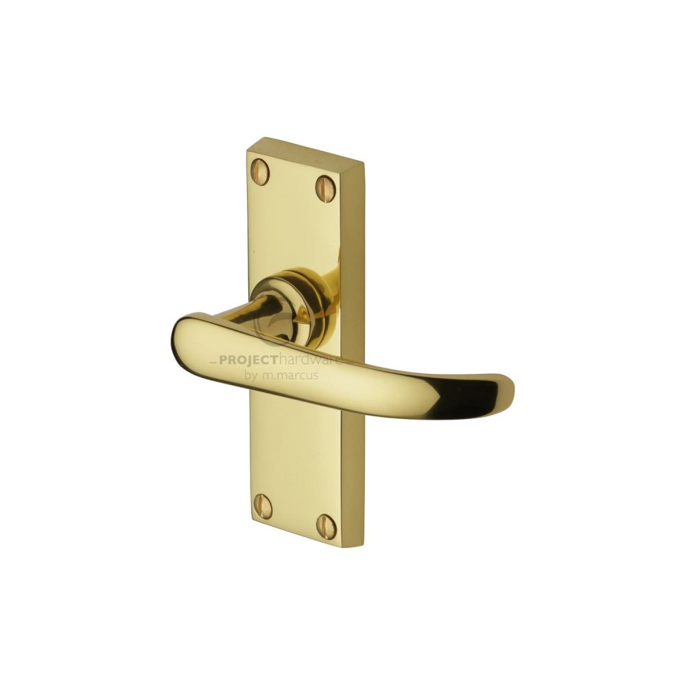 This is an image of a Project Hardware - Door Handle Lever Latch Avon Short Design Polished Brass Finish, pr910-pb that is available to order from Trade Door Handles in Kendal.