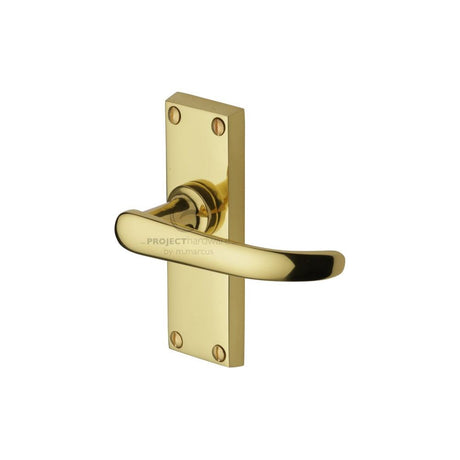 This is an image of a Project Hardware - Door Handle Lever Latch Avon Short Design Polished Brass Finish, pr910-pb that is available to order from Trade Door Handles in Kendal.