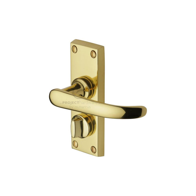 This is an image of a Project Hardware - Door Handle for Privacy Set Avon Short Design Polished Brass Fini, pr925-pb that is available to order from Trade Door Handles in Kendal.