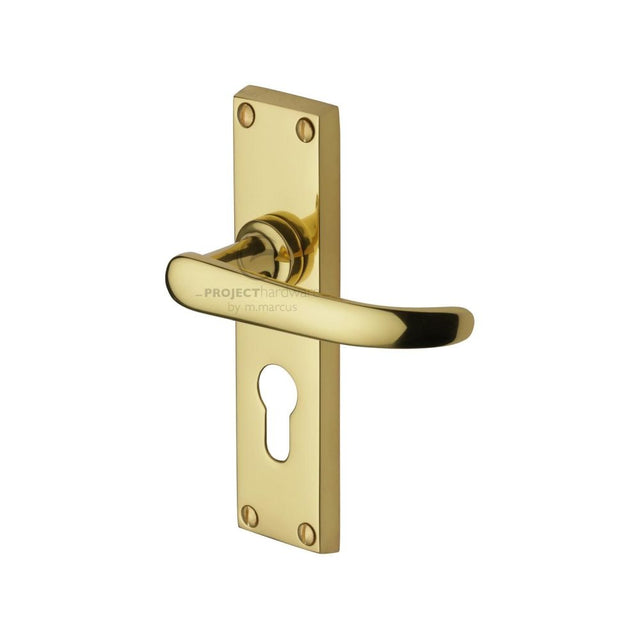 This is an image of a Project Hardware - Door Handle for Euro Profile Plate Avon Design Polished Brass Fin, pr927-pb that is available to order from Trade Door Handles in Kendal.