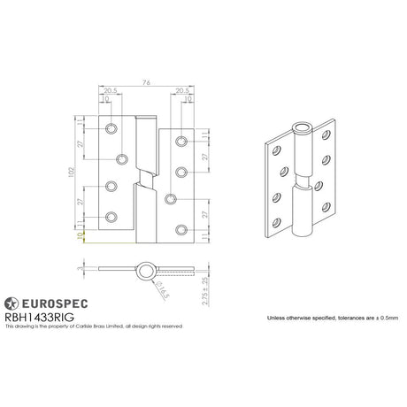 This image is a line drwaing of a Eurospec - Enduro Rising Butt Hinge R/H 102 x 76mm - SSS available to order from Trade Door Handles in Kendal