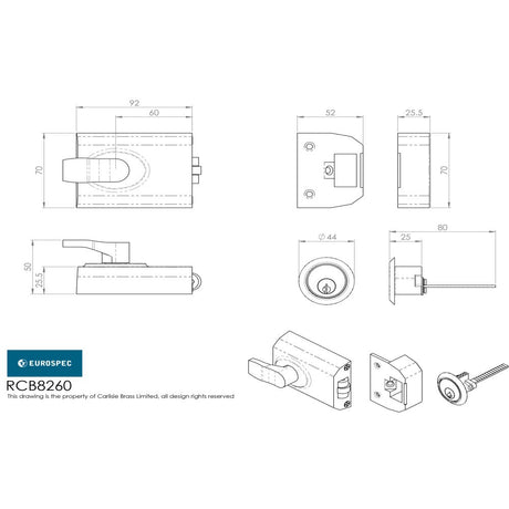 This image is a line drwaing of a Eurospec - Contract Rim Cylinder Rollerbolt 60mm - Satin Chrome available to order from Trade Door Handles in Kendal