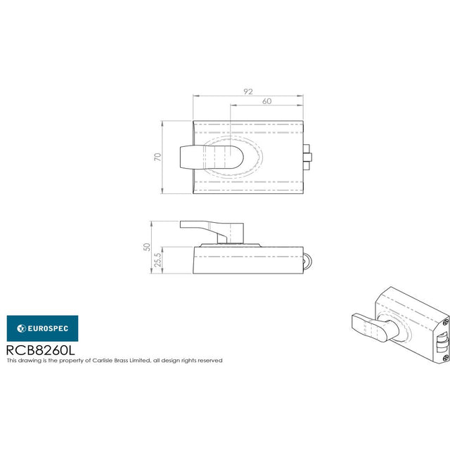 This image is a line drwaing of a Eurospec - Contract Rim Cylinder Rollerbolt - Satin Chrome available to order from Trade Door Handles in Kendal