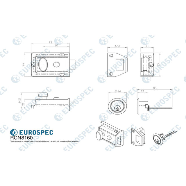 This image is a line drwaing of a Eurospec - Traditional Rim Cylinder Nightlatch Green/ - Green available to order from Trade Door Handles in Kendal