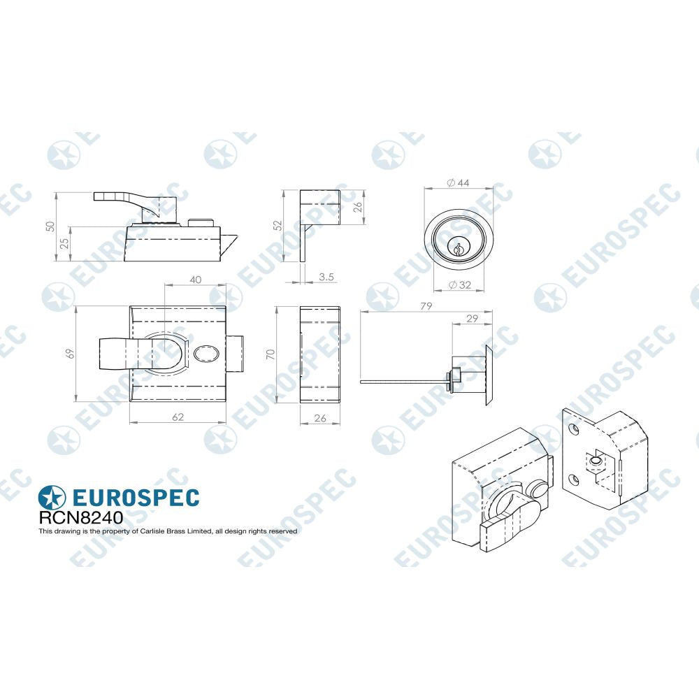 This image is a line drwaing of a Eurospec - Contract Rim Cylinder Nightlatch 40mm - Satin Chrome available to order from Trade Door Handles in Kendal