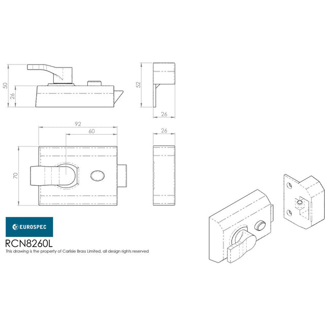 This image is a line drwaing of a Eurospec - Contract Rim Cylinder Nightlatch 60mm Lockcase Only - Satin Chrome available to order from Trade Door Handles in Kendal