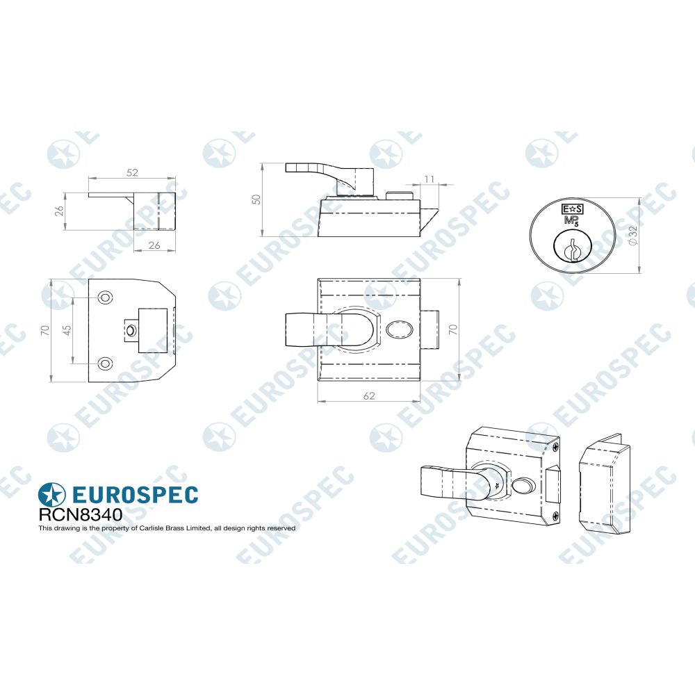 This image is a line drwaing of a Eurospec - Deadlocking Rim Cylinder Nightlatch 40mm - Satin Chrome available to order from Trade Door Handles in Kendal