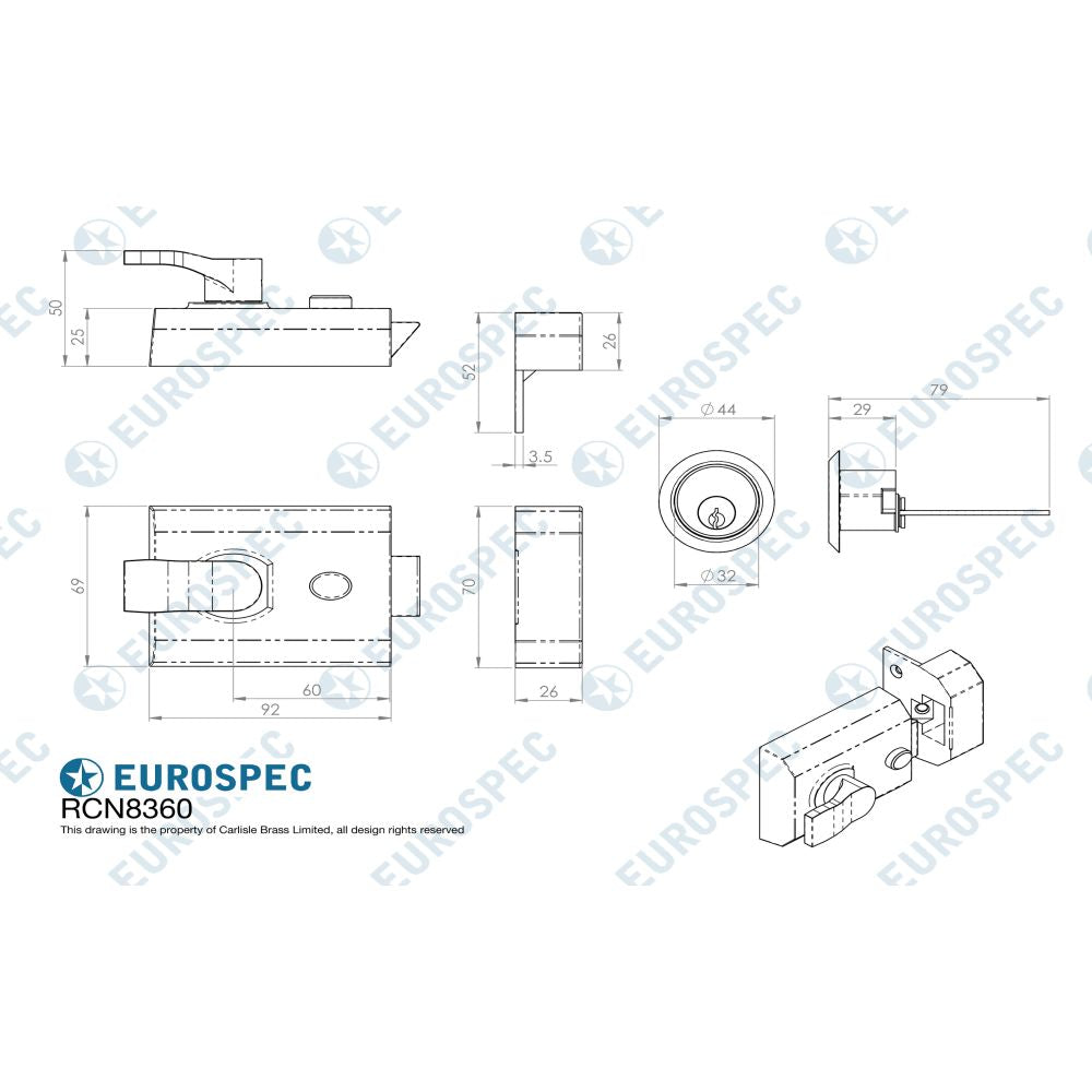 This image is a line drwaing of a Eurospec - Deadlocking Rim Cylinder Nightlatch 60mm - Polished Chrome available to order from Trade Door Handles in Kendal