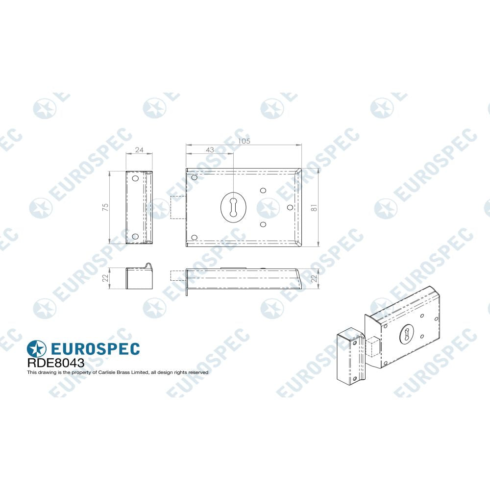 This image is a line drwaing of a Eurospec - Traditional Rim Deadlock - Satin Chrome available to order from Trade Door Handles in Kendal