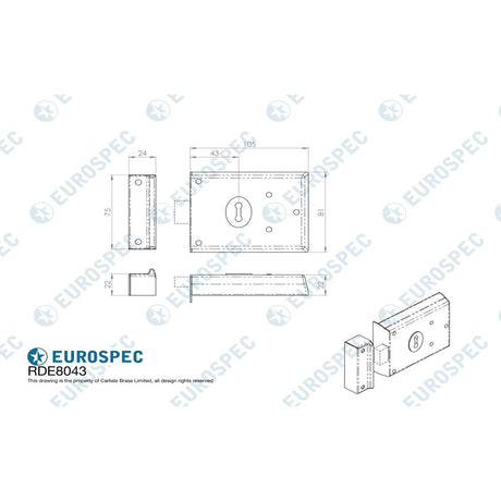 This image is a line drwaing of a Eurospec - Traditional Rim Deadlock - Black Japanned available to order from Trade Door Handles in Kendal