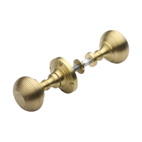 This is an image of a Heritage Brass - Reeded Rim Knob Satin Brass Finish, rim-v971-sb that is available to order from Trade Door Handles in Kendal.