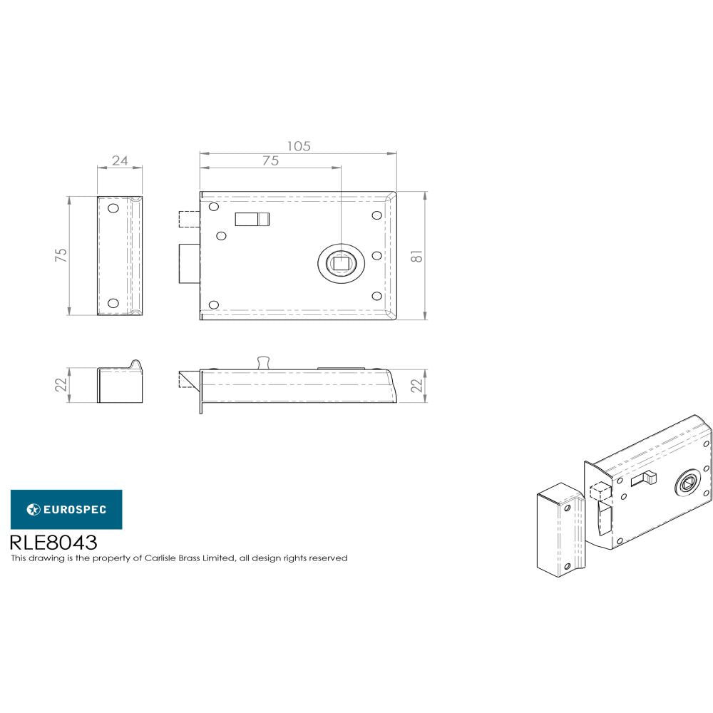 This image is a line drwaing of a Eurospec - Traditional Rim Latch - Polished Brass available to order from Trade Door Handles in Kendal