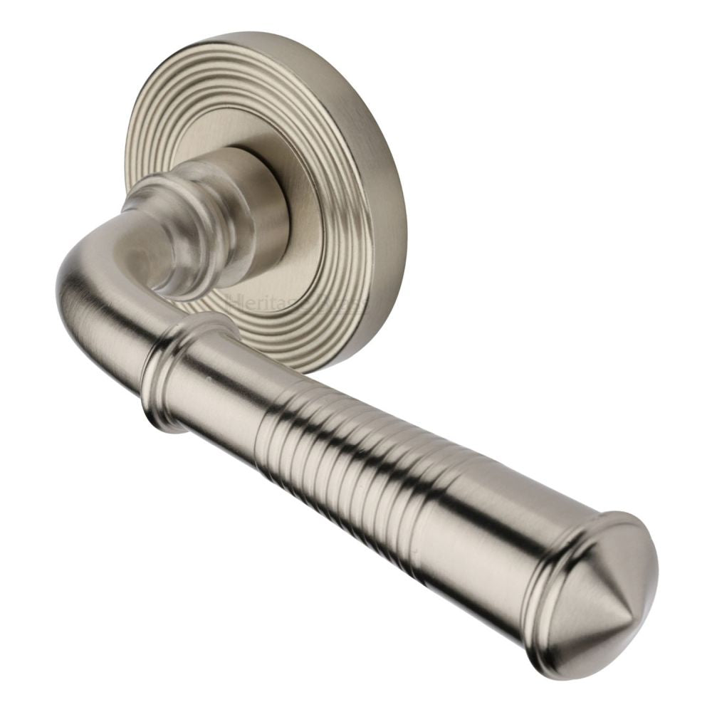 This is an image of a Heritage Brass - Door Handle Lever Latch on Round Rose Bridgetown Reeded Design, rr1935-sn that is available to order from Trade Door Handles in Kendal.