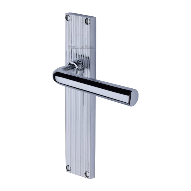 This is an image of a Heritage Brass - Octave Reeded Lever Latch Polished Chrome finish, rr3710-pc that is available to order from Trade Door Handles in Kendal.