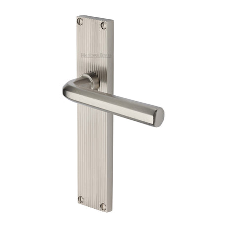 This is an image of a Heritage Brass - Octave Reeded Lever Latch Satin Nickel finish, rr3710-sn that is available to order from Trade Door Handles in Kendal.