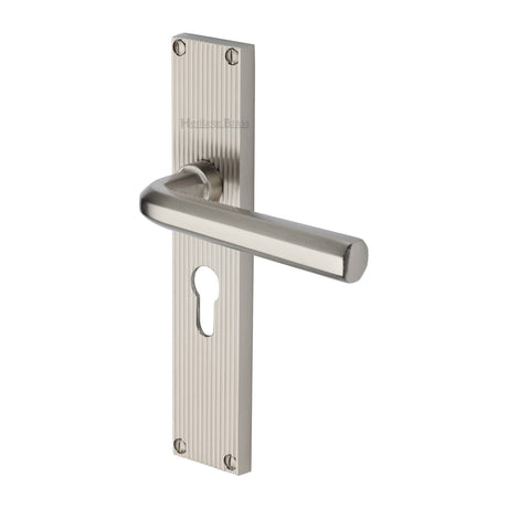 This is an image of a Heritage Brass - Octave Reeded Europrofile Satin Nickel finish, rr3748-sn that is available to order from Trade Door Handles in Kendal.