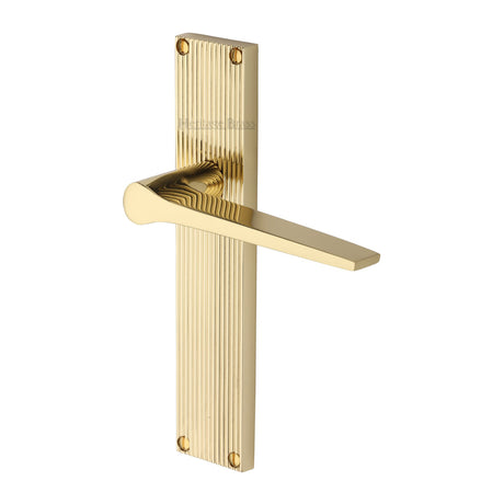 This is an image of a Heritage Brass - Gio Reeded Lever Latch Polished Brass finish, rr4710-pb that is available to order from Trade Door Handles in Kendal.